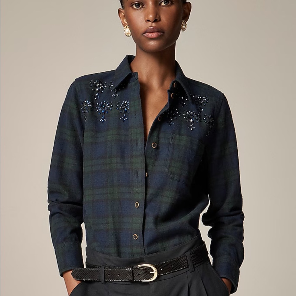 J. Crew Embellished Shrunken Button Up Shirt in Tartan Brushed Cotton Oxford 4